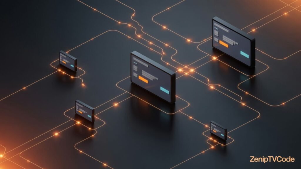 Image futuriste représentant l’avenir de l’abonnement IPTV légal en France, design épuré orange et noir avec signature ZenIPTVcode.