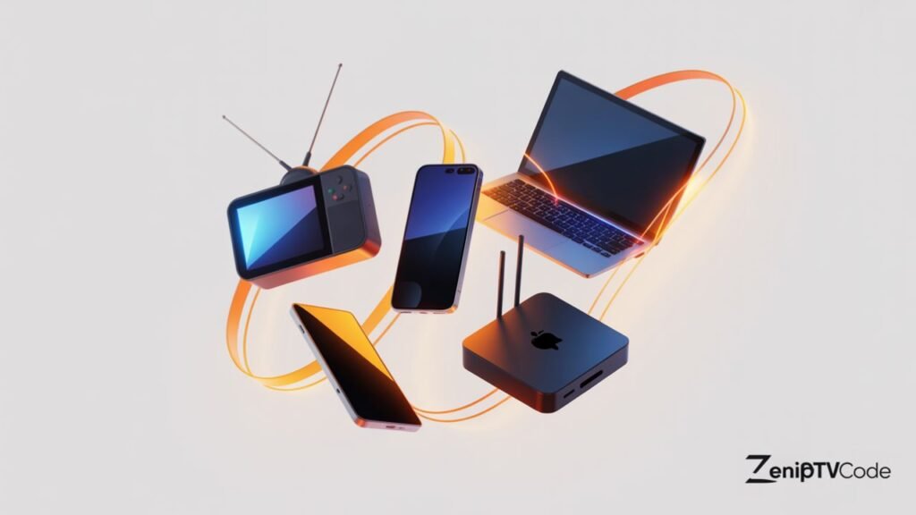 Image des appareils compatibles avec sports on IPTV, incluant téléviseurs intelligents et appareils mobiles.