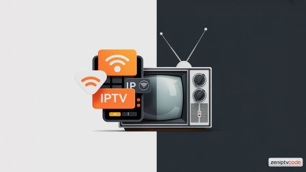 Illustration comparant sports on IPTV et télévision traditionnelle avec une composition moderne et contrastée.