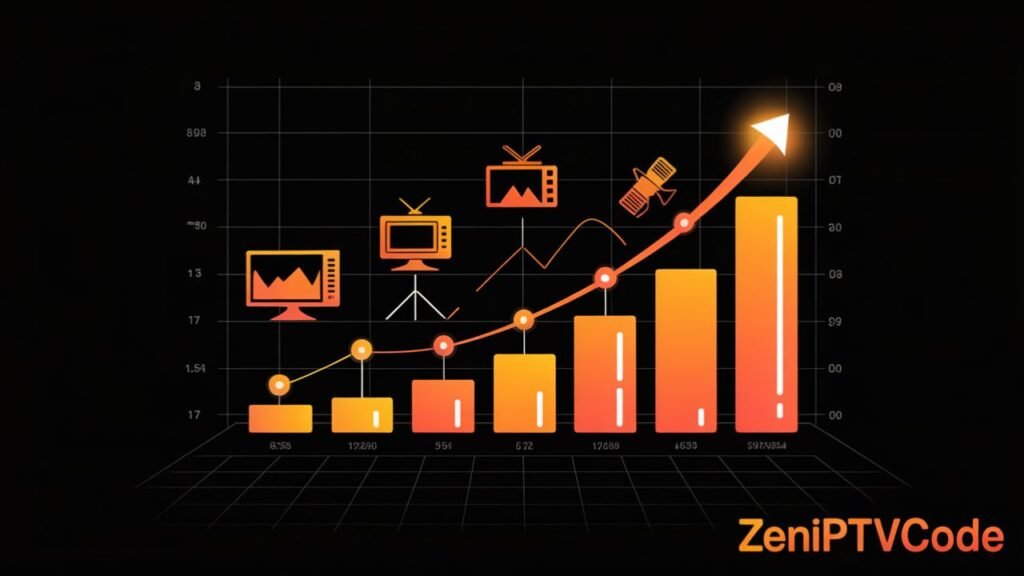 Visuel moderne illustrant la croissance du marché de l’abonnement IPTV légal en France, dans un style épuré orange et noir.