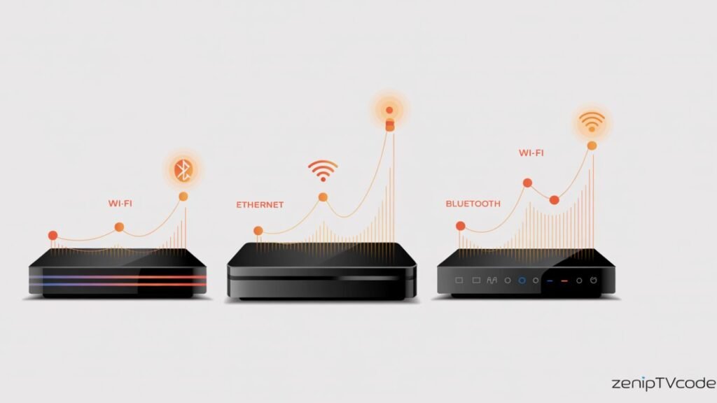 Comparison of IPTV boxes showing performance, speed, and stability with orange glowing visuals and clean modern design.