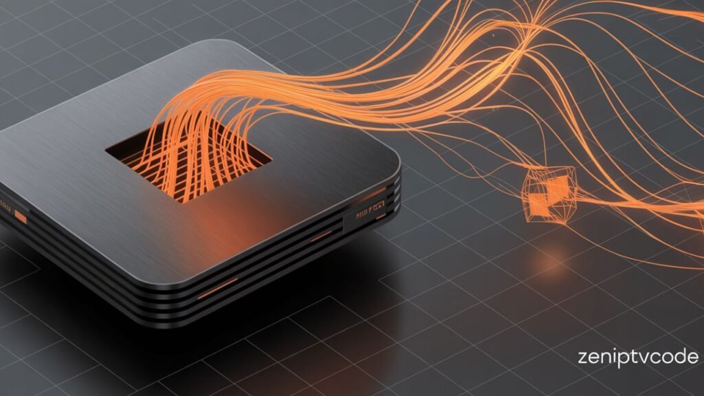 IPTV box connected to streaming sources through orange glowing network lines, symbolizing speed, power, and optimized efficiency.