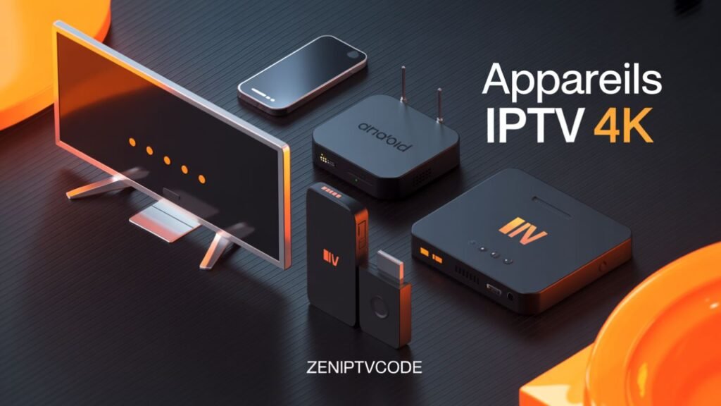 Image tech montrant les appareils compatibles IPTV 4K sur fond sombre et orange.