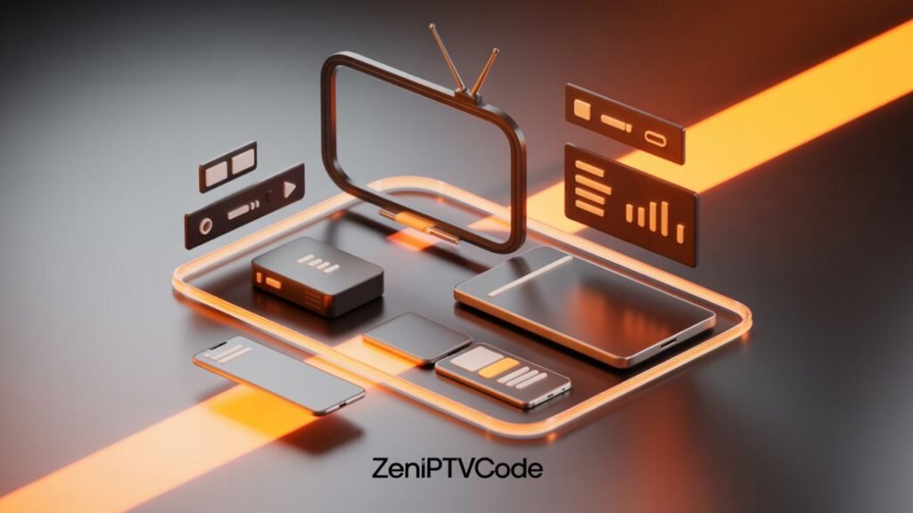 Illustration 3D des appareils compatibles IPTV avec effet orange.