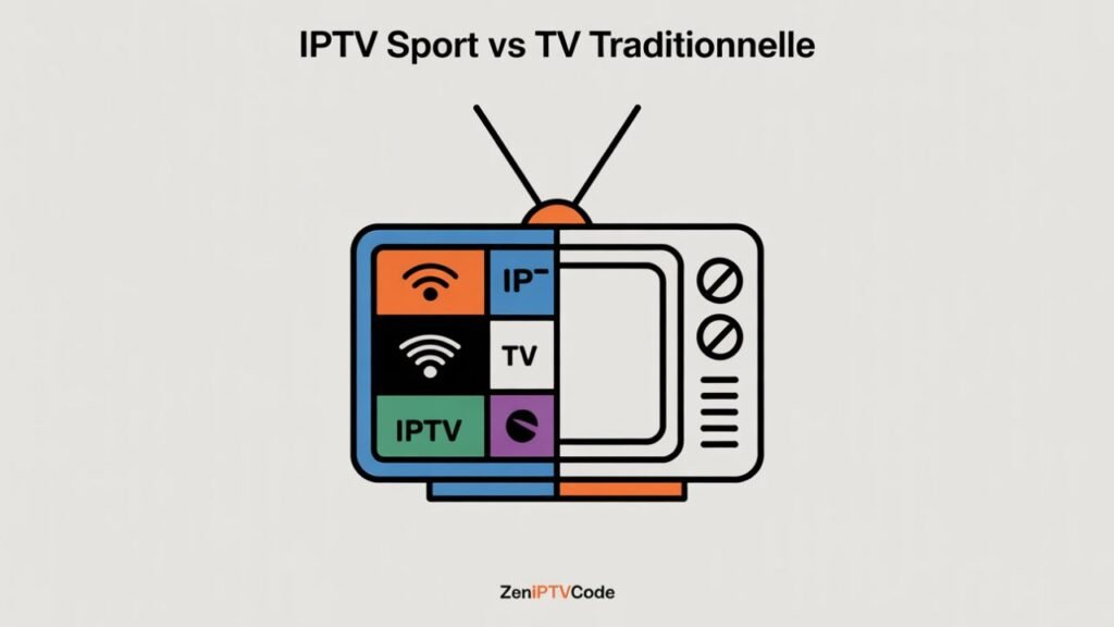Illustration comparant IPTV Sport et télévision traditionnelle.