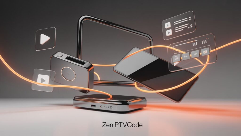 Illustration d’un boîtier IPTV stylisé en orange.