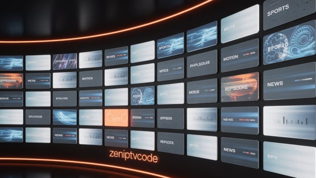 Mur futuriste de chaînes IPTV avec lumière orange.