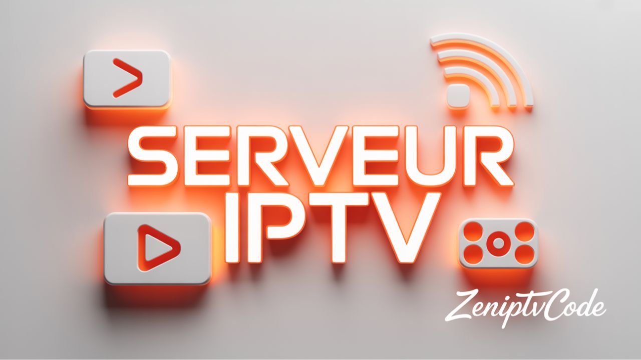 Image minimaliste en blanc et orange avec le texte Serveur IPTV, icônes de streaming et signature ZenIPTVcode en bas.