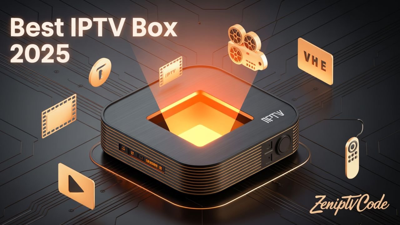 Modern best IPTV box 2025 setup with glowing orange tech interface and streaming icons, minimalist design.