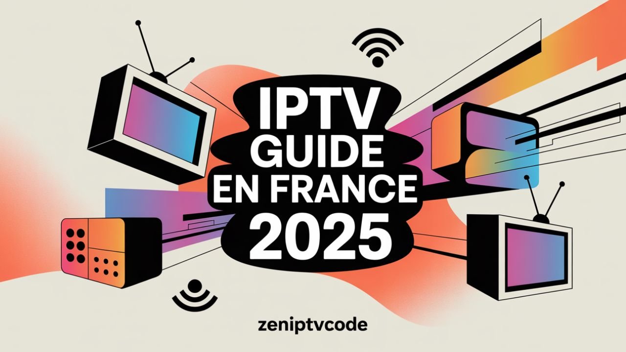 Illustration abstraite représentant un IPTV Guide en France 2025 avec fond orange moderne.