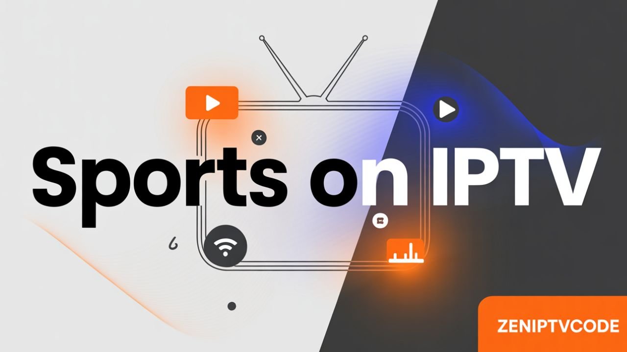 Bannière moderne représentant le concept de sports on IPTV avec des icônes de streaming et une signature ZenIPTVcode discrète.
