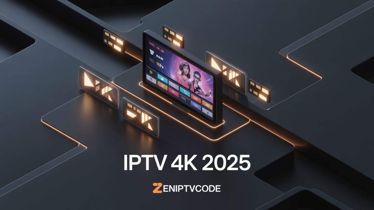 Featured image sur le thème IPTV 4K 2025 en style technologique noir et orange.